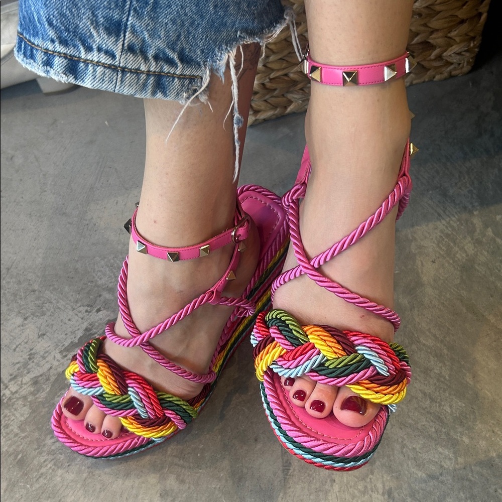 Valentino Pink and Multicolor Rope Wedge Sandals